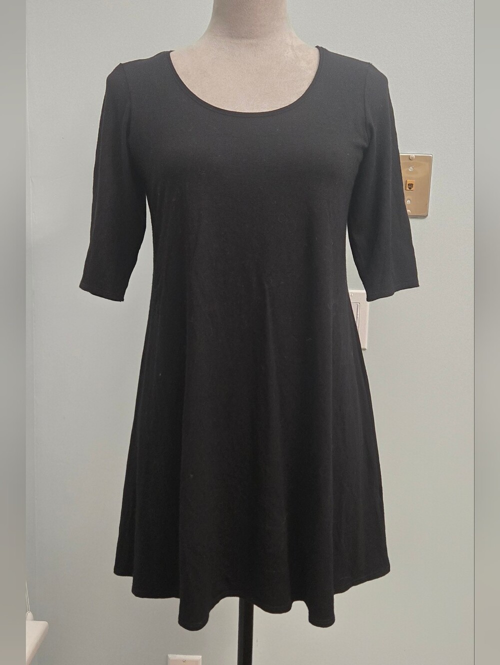 Eileen Fisher Black Scoop Swing Dress 29" length ⅓ sleeve sz SPetite